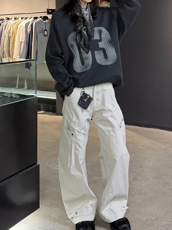  OS美式复古运动长袖球衣外套V领毛衣坑条针织毛衣男女同款