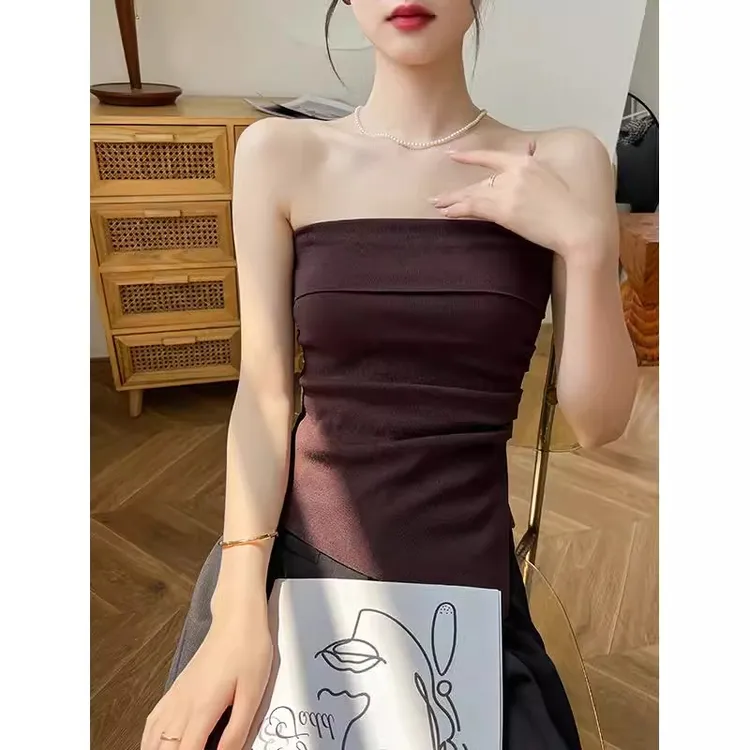 咖色开叉吊带背心女内搭春夏2025年新款不规则裹胸可外穿无袖上衣