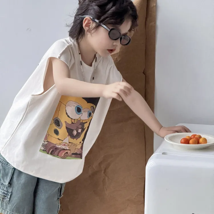 儿童背心夏季2025新款男童无袖T恤夏天韩版宽松男孩潮牌卡通上衣