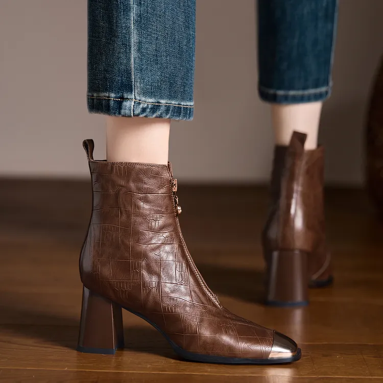 小个子手工女鞋6.5cm~方头粗跟复古短靴女2025秋季新款百搭马丁靴