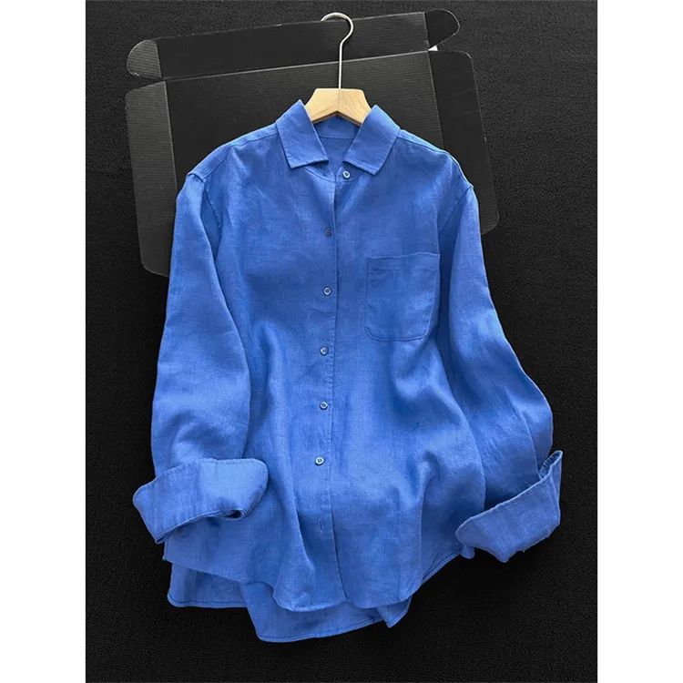 克莱因蓝棉麻亚麻衬衫男夏季薄款衬衣宽松慵懒垂感高级感外套