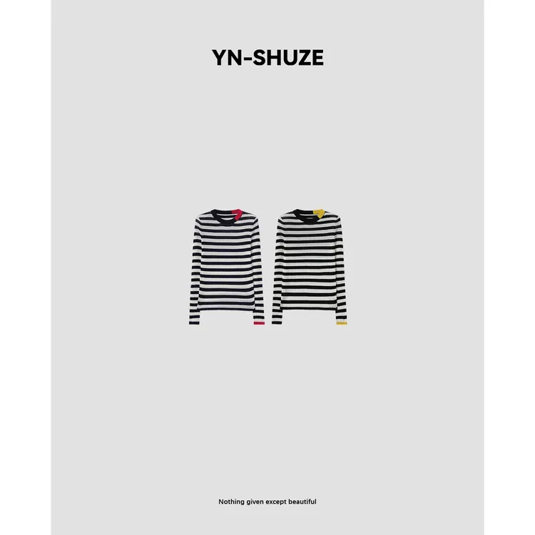 YN-SHUZE【黑线律动】100绵羊毛舒适修身条纹长袖上衣SZ-YNB-MY0206