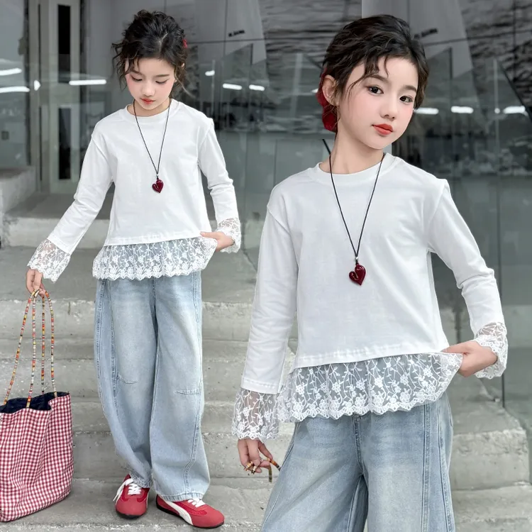（百搭神器）2025新款女童韩版洋气时髦蕾丝花边打底T 恤上衣