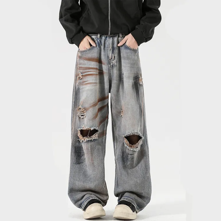 Ariess∣美式高街脏脏做旧水洗破洞牛仔裤男女同款擦色阔腿长裤