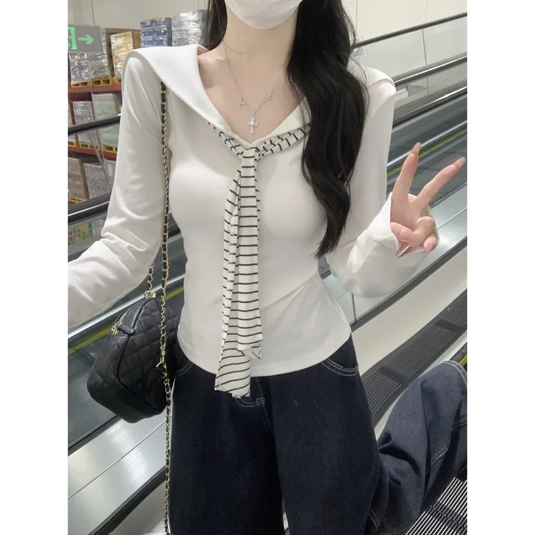 大码韩系学院风海军领披肩长袖上衣女早秋新款胖mm修身巨显瘦t恤