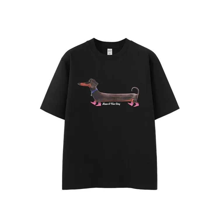 t恤男士夏季2025新短袖腊肠小狗印花重磅棉宽松休闲五分半袖T体恤