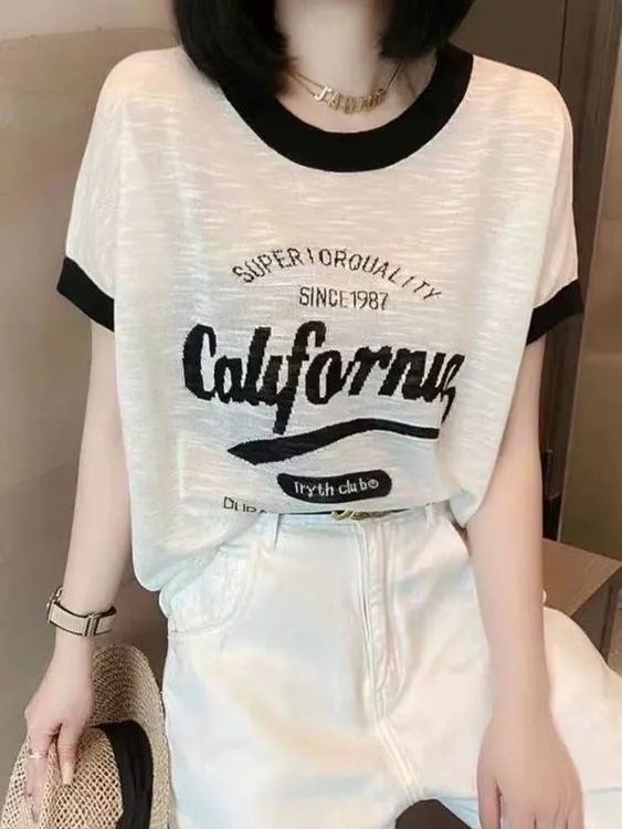 100%竹节棉2025夏季新款法式字母潮流短袖遮肉印花加宽加大女装