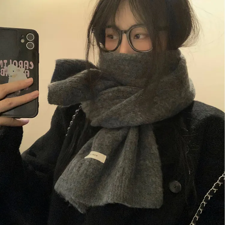韩系羊毛混纺围巾女冬季软糯百搭氛围感灰色男款保暖针织毛线围脖