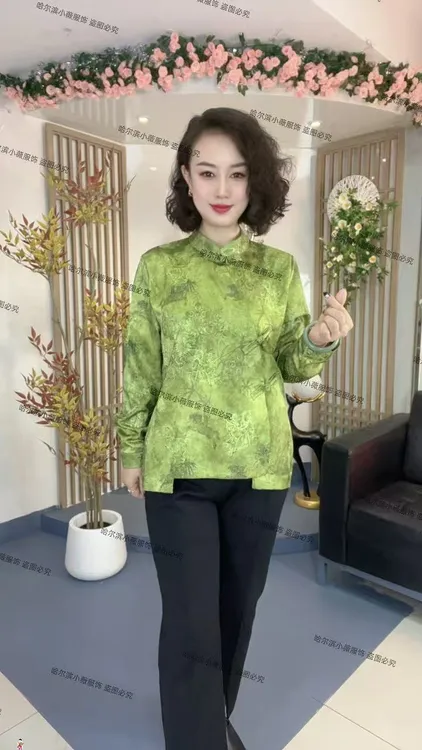 新中式国风木耳边盘扣偏襟复古牡丹印花立领长袖衬衫K5294-1