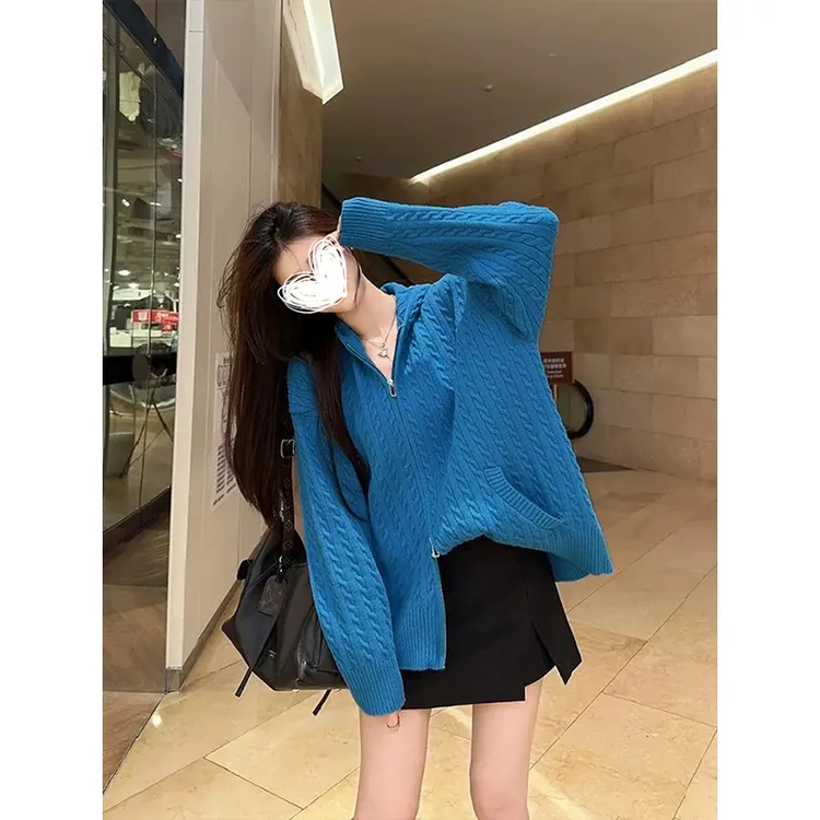 2025韩系秋季新款慵懒风蓝色连帽麻花针织毛衣外套女双拉链开衫