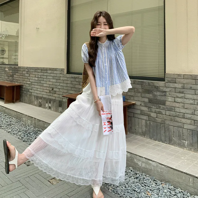 法式氛围感穿搭套装裙女夏2025新款甜美简约T恤蕾丝半身裙两件套