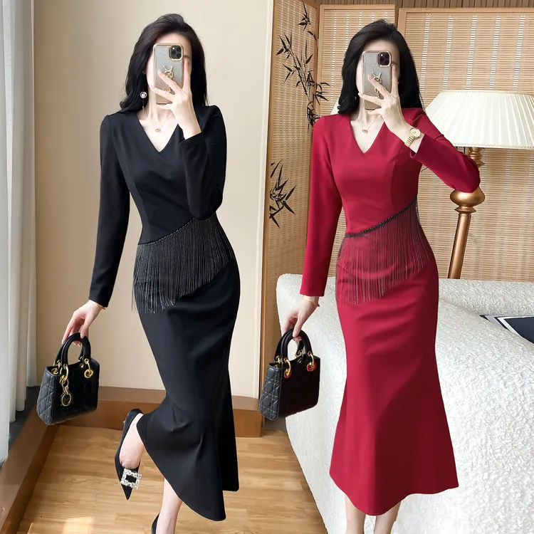 红色修身鱼尾连衣裙女人味宴会晚礼服正式场合包臀长裙子收腰显瘦