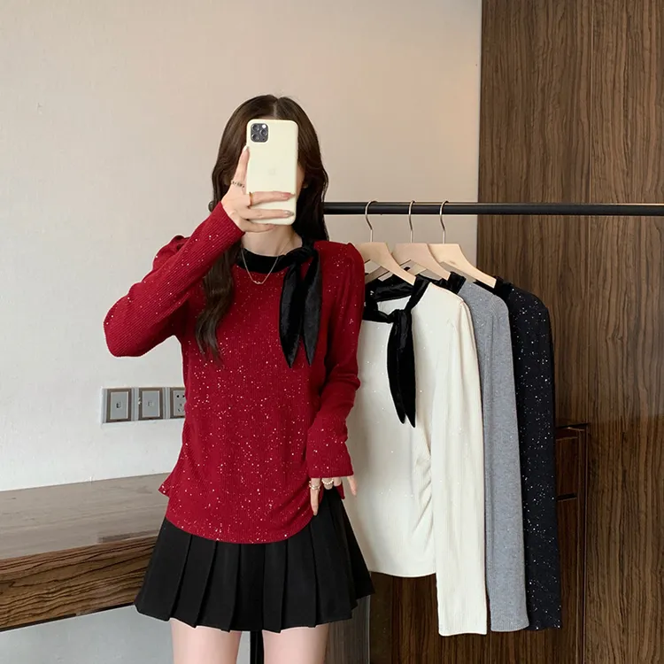 2025秋冬新款胖mm大码女甜美丝带满天星收腰百搭显瘦长袖针织上衣