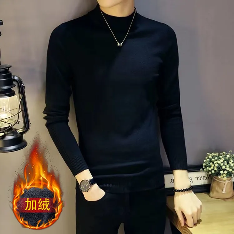 秋冬新款男士打底衫百搭加绒保暖毛衣黑色高级感时尚半高领针织衫