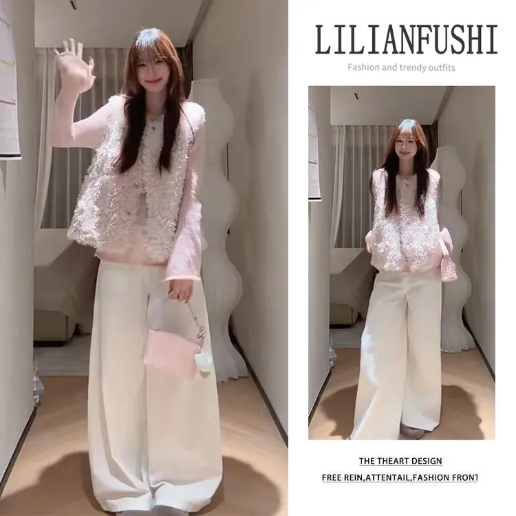 今年秋季流行漂亮套装2025新款显瘦小香风马甲打底衫休闲裤三件套