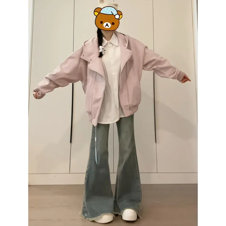 韩系复古粉色连帽卫衣外套女春秋季设计感宽松休闲开衫夹克上衣潮