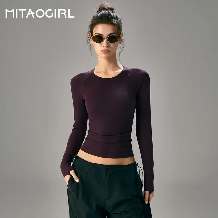 MITAOGIRL瑜伽服女秋冬新款速干上衣透气无缝一体健身运动长袖