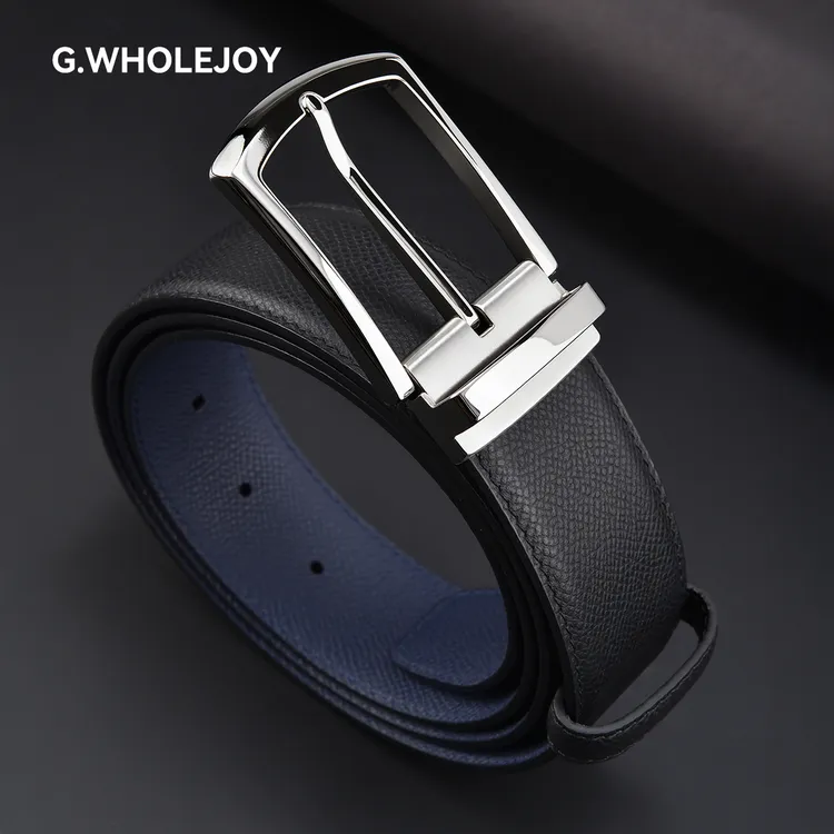 G.WHOLEJOY男士针扣牛皮腰带轻奢极简商务星穹蓝3.8宽皮带2531B