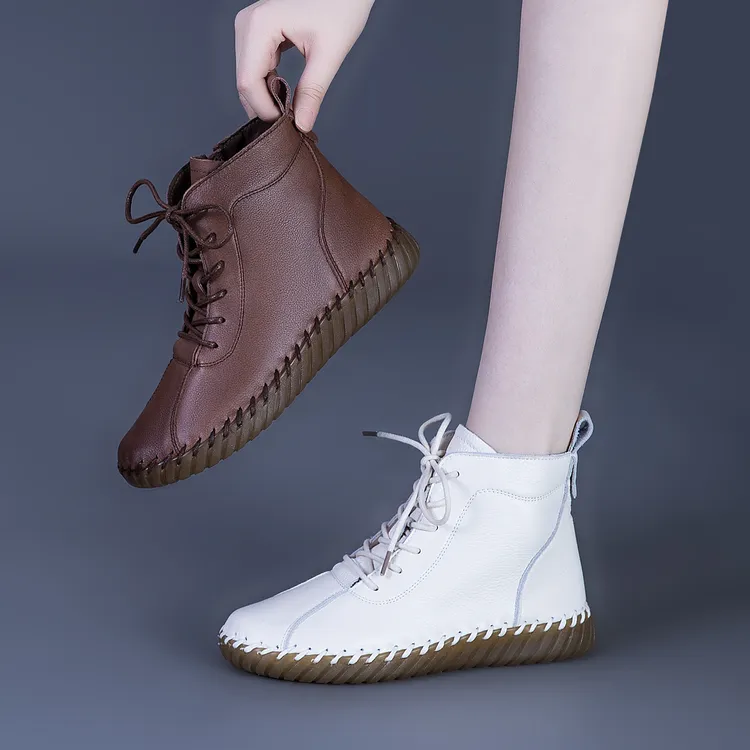 短靴真皮女鞋2025新款秋季马丁靴软底休闲女士高帮妈妈鞋平底靴子