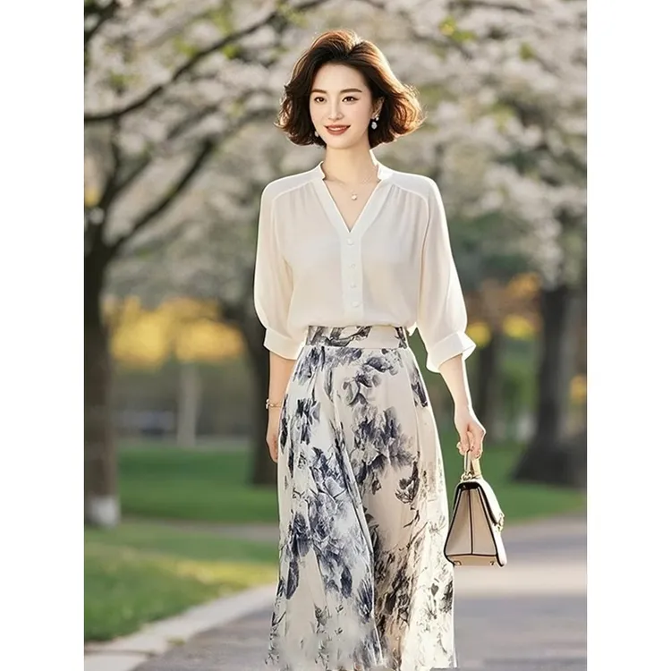 2025通勤一整套穿搭白色V领雪纺衬衫印花半身裙子两件套女装新款