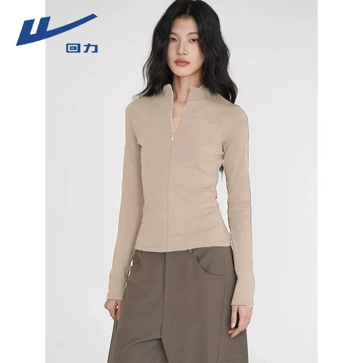 回力打底衫女装秋冬新款独特漂亮小衫修身显瘦长袖半开领上衣内搭