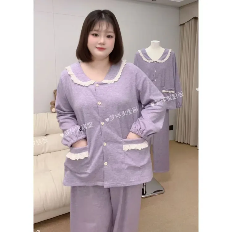 5035秋冬季大码宽松睡衣女长袖加绒加厚保暖柔软睡衣家居服套装