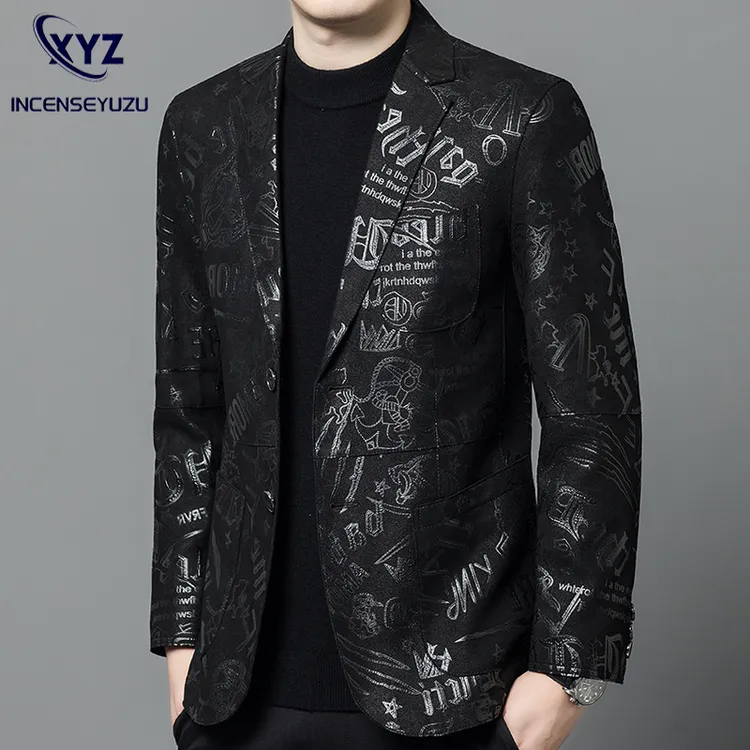 海宁真皮皮衣男士西服轻奢高端印花西装男式外套男款春秋单西上衣