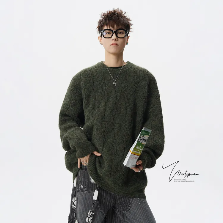 V37美式重磅肌理感圆领针织衫男秋冬新款宽松简约套头毛衣