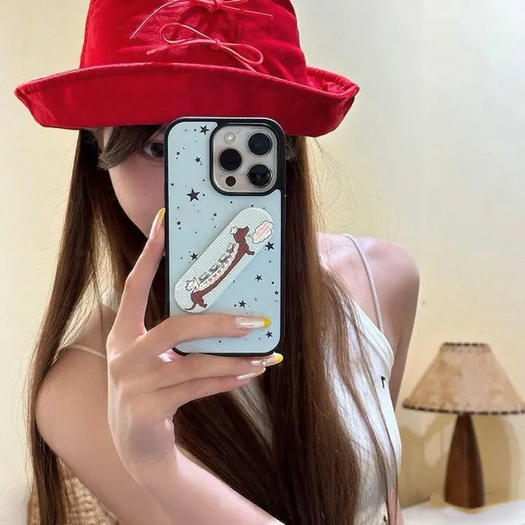 韩风ins星星腊肠狗创可贴支架适用苹果17pro女iPhone16玻璃手机壳