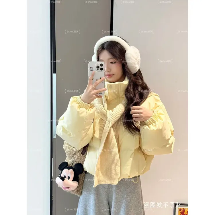 针织围巾披肩棉服女装2025冬季外套新款加厚立领短款面包服外套