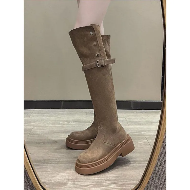 两穿烟筒翻折过膝长靴2025夏季小个子长筒靴女厚底增高瘦瘦骑士靴