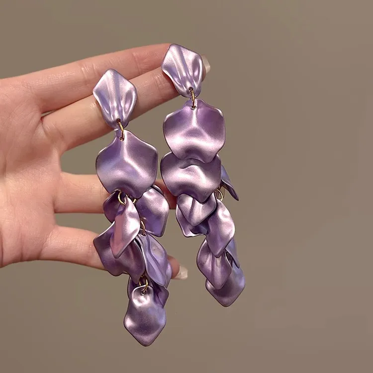 复古夸张紫色流光花瓣耳环女轻奢个性小众高级感耳钉长款精致耳饰