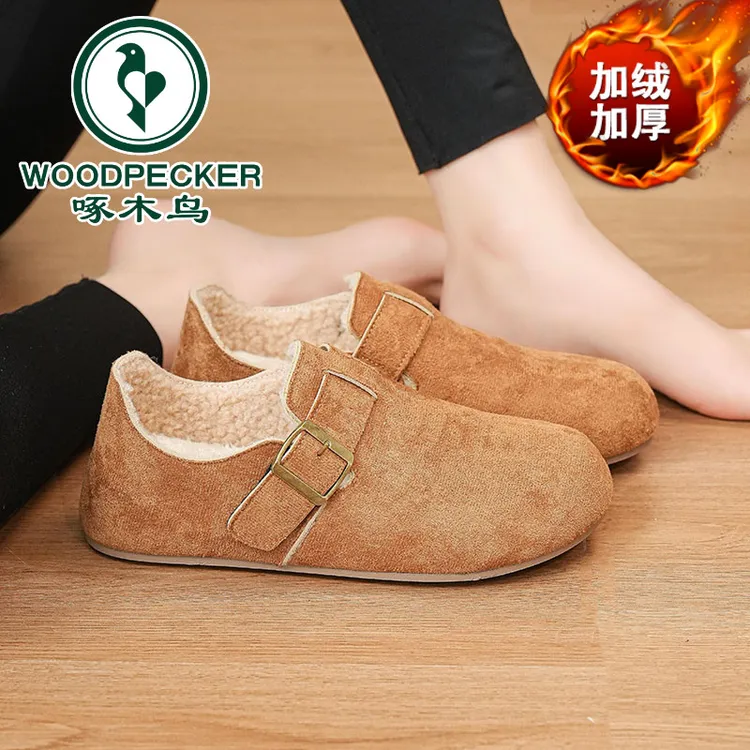【啄木鸟正品】2025秋冬季新款加绒勃肯鞋女复古一脚蹬搭扣厚底保暖