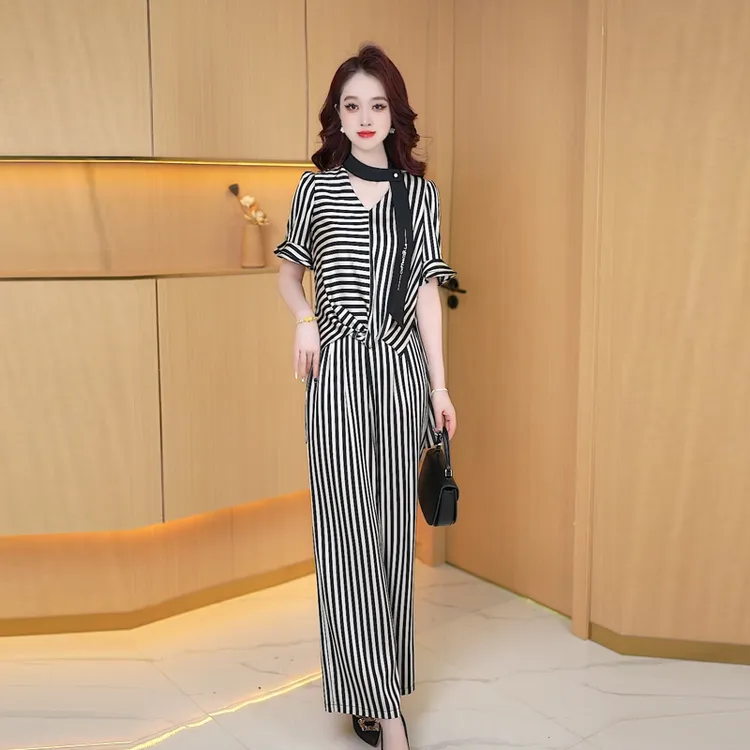 【两件套】夏季时尚修身女士宽松洋气休闲百搭条纹减龄高腰女装套裤