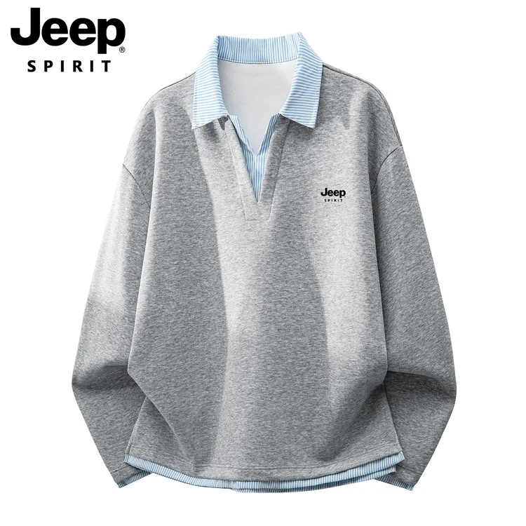 JEEP SPIRIT吉普秋季美式重磅假两件衬衫领拼接卫衣男装宽松上衣