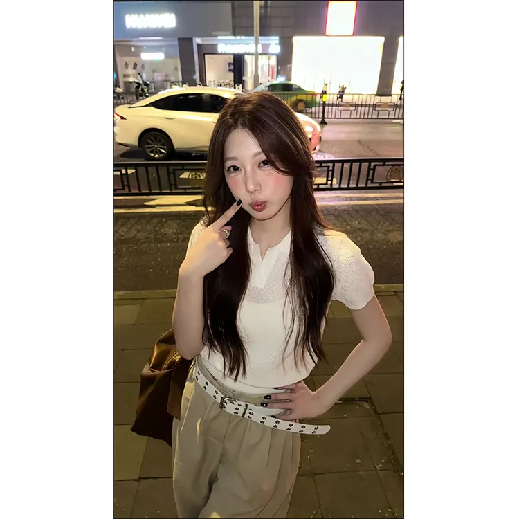 白色polo衫针织短袖网眼透气正肩t恤短款上衣卡其休闲裤拖地长裤