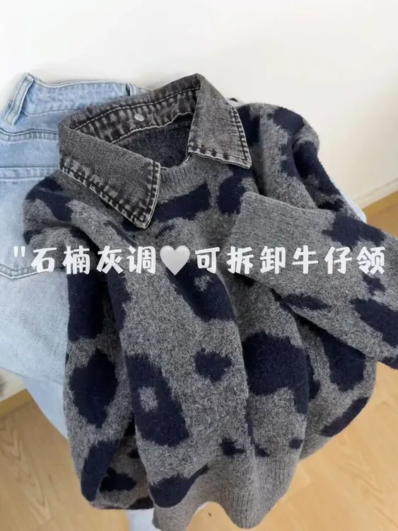 小众设计感韩版豹纹毛衣外套女2025冬季新款宽松慵懒针织开衫上衣