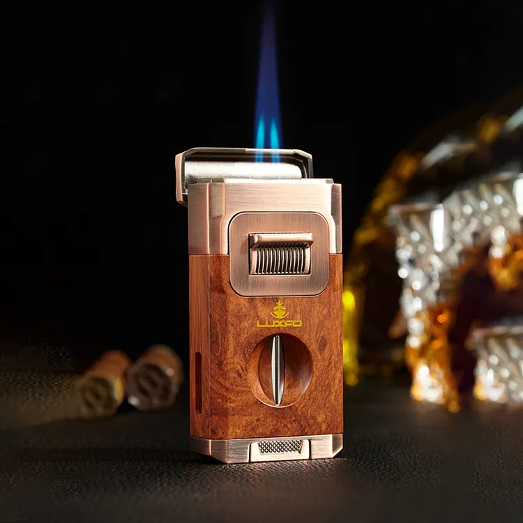 LUXFO双火直冲防风多功能雪茄打火机带雪茄剪雪茄托高档充气
