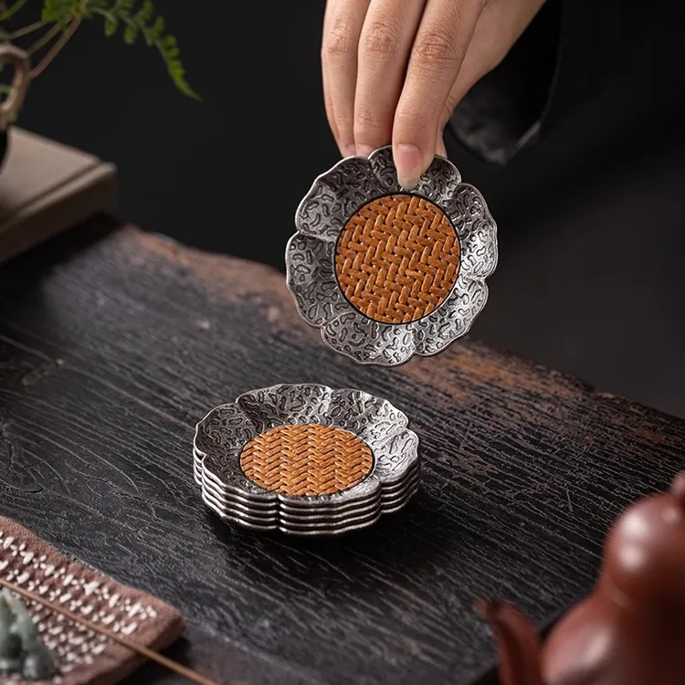 中式隔热合金藤编杯垫茶杯托复古花瓣型创意茶碟功夫茶具茶道配件