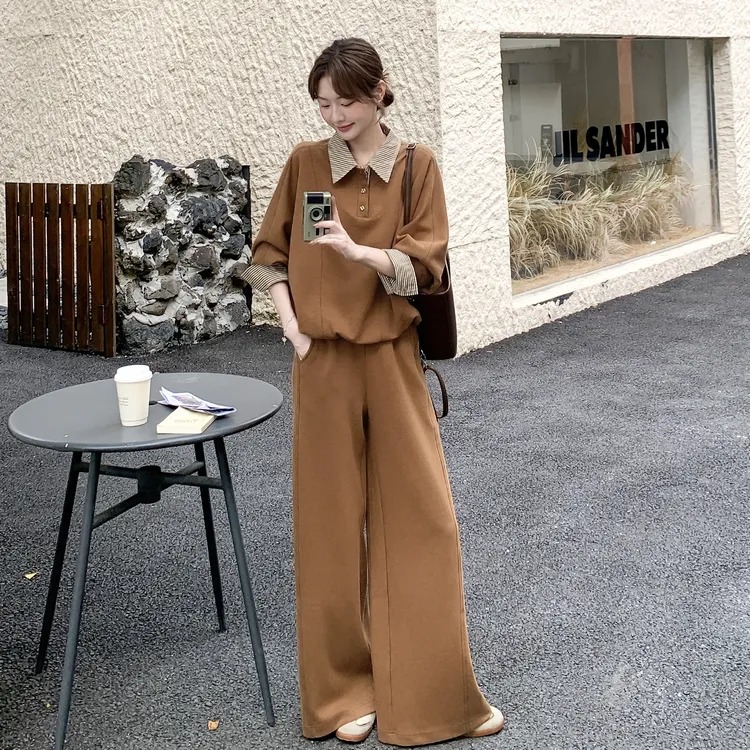 韩系风咖色休闲运动套装女2025秋季新款时尚卫衣阔腿长裤两件套