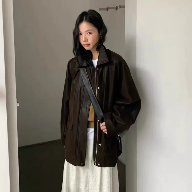 BELLATAG正版秋冬新款 慵懒洋气宽松中长款皮衣外套女