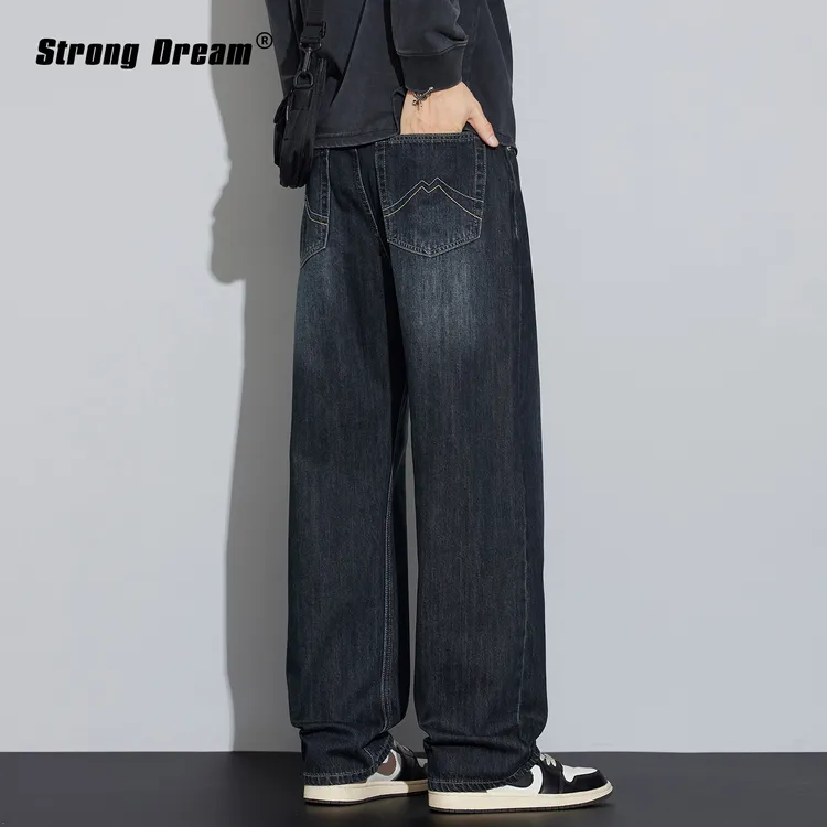 复古水洗加绒加厚牛仔裤男宽松直筒阔腿美式潮牌高街2025秋冬长裤
