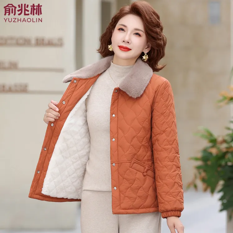 俞兆林中年妈妈冬装加绒保暖翻领小棉衣短款中老年人女装洋气棉袄