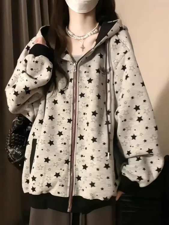 美式嘻哈小众灰色开衫连帽卫衣女2025秋冬季情侣宽松满印星星上衣