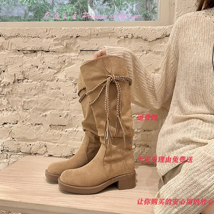 2025秋冬上新埃及靴~流苏粗跟中高筒长靴西部牛仔靴女堆堆瘦瘦靴