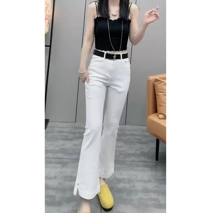 春季高腰显瘦大码百搭宽松时尚阔腿潮流水洗微喇牛仔裤