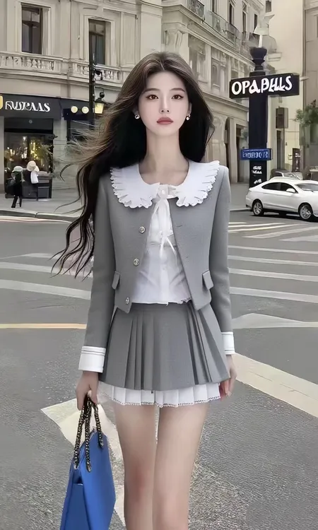 休闲风小众气质显瘦穿搭长袖短款外套百搭内搭半身裙浅灰色三件套