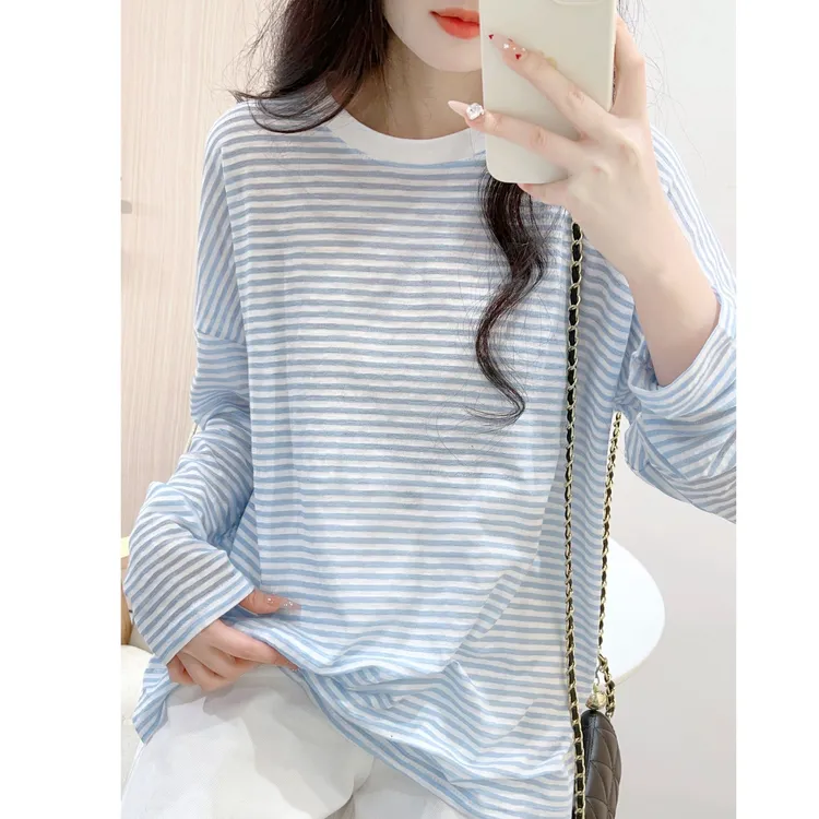 蓝色条纹长袖开叉t恤女2025春夏宽松显瘦慵懒风防晒圆领休闲上衣