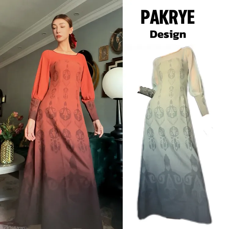 【PAKRYE】新款渐变艾德莱斯拼接复古长款连衣裙气质秋季连衣裙