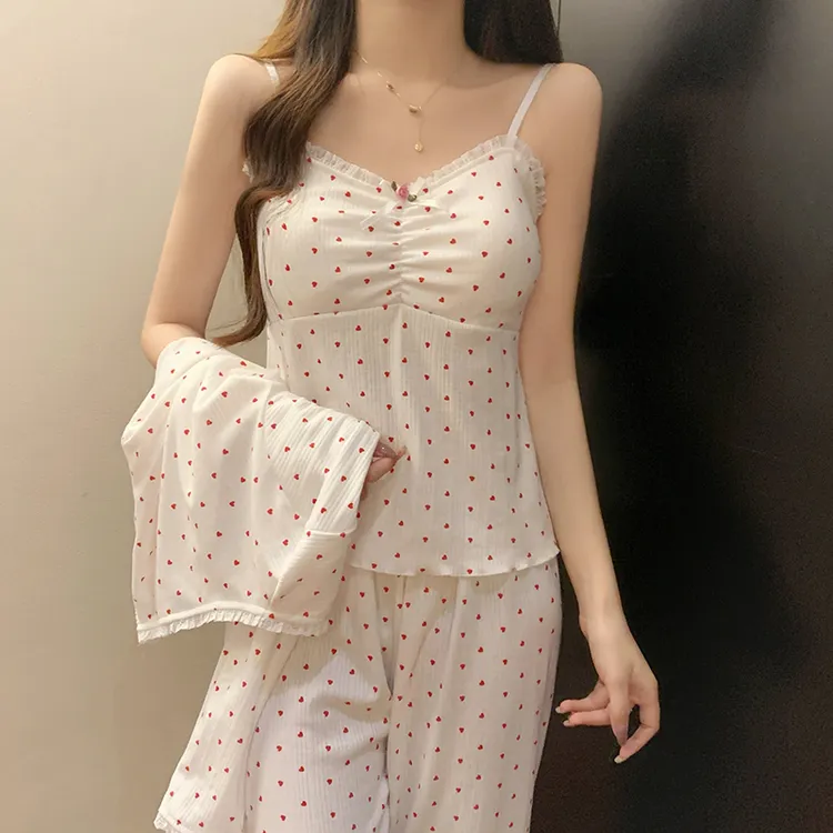 睡衣女款春秋季长袖长裤精梳棉韩版性感纯欲爱心带胸垫气质三件套